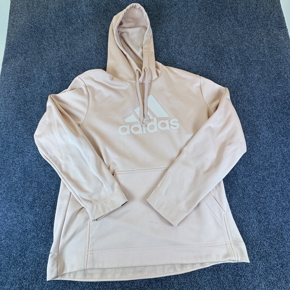 Adidas Hoodie Womens Large Beige Logo Fleece Lined Pullover Kangaroo Pocket